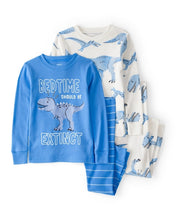 Cargar imagen en el visor de la galería, Dinosaur Print 100% Cotton Long-Sleeve 4-Piece Pajamas - White/Blue
