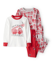 Cargar imagen en el visor de la galería, Firetruck Print 100% Cotton Long-Sleeve 4-Piece Pajamas - Red/White
