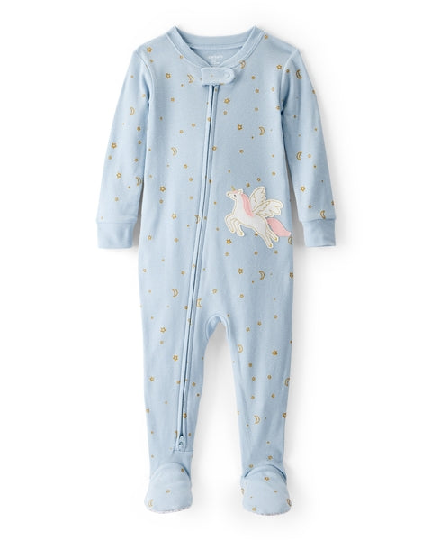 Unicorn 100% Cotton 2-Way Zip 1-Piece Pajamas - Blue