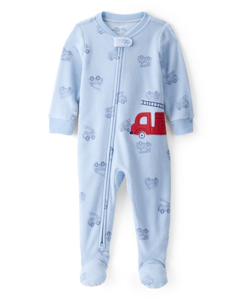 Firetruck Print Loose Fit Long-Sleeve 2-Way Zip 1-Piece Pajamas - Blue