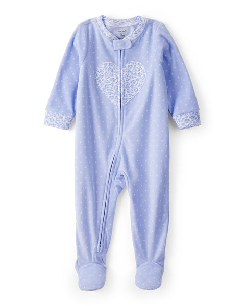 Heart Polka Dot Print Loose Fit Long-Sleeve 2-Way Zip 1-Piece Pajamas - Blue