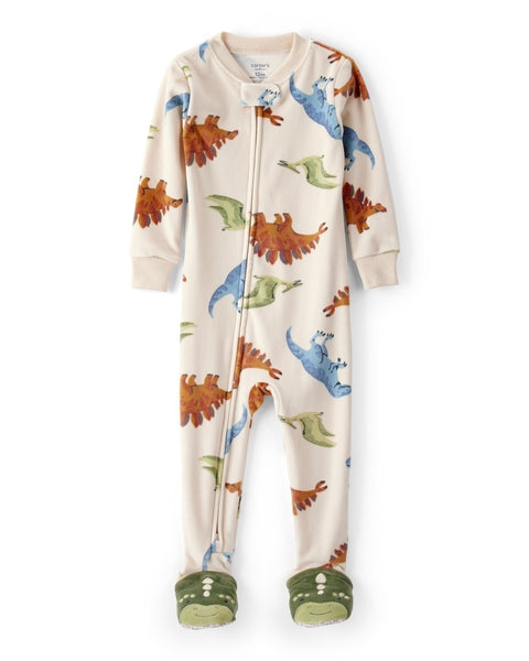Dinosaur Print Snug Fit Long-Sleeve 2-Way Zip 1-Piece Pajamas - Tan