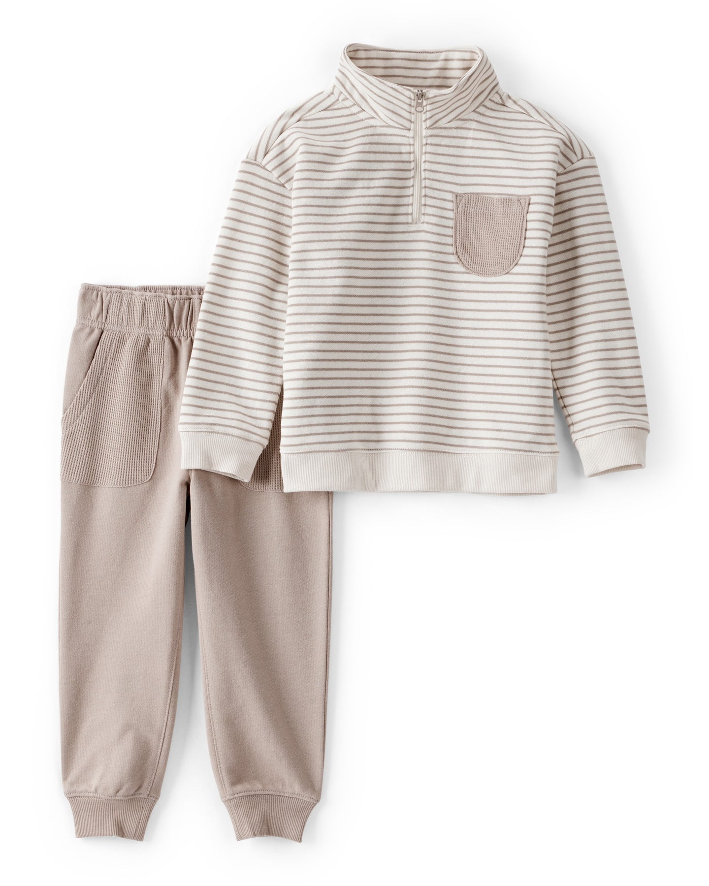 2-Piece Striped Quarter Zip Pullover & Pant Set - Ivory/Grey