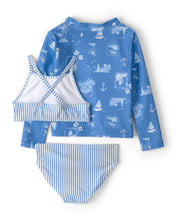 Cargar imagen en el visor de la galería, 3-Piece Sailboat Long-Sleeve Rashguard Swimsuit Set - Blue
