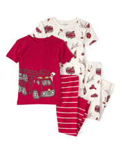 Cargar imagen en el visor de la galería, Firetruck Striped 100% Cotton Snug Fit 4-Piece Pajama Set - Red/White
