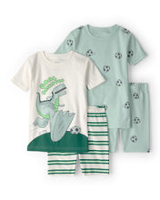 Cargar imagen en el visor de la galería, Soccer Dino 100% Cotton Short-Sleeve Snug Fit 4-Piece Pajama Set - Green
