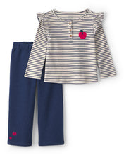 Cargar imagen en el visor de la galería, 2-Piece Apple Striped Fleece Long-Sleeve Top &amp; Pant Set - Navy Blue/Cream
