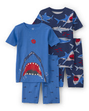 Cargar imagen en el visor de la galería, Shark 100% Cotton Short-Sleeve Snug Fit 4-Piece Pajama Set - Blue

