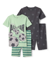 Cargar imagen en el visor de la galería, Soccer 100% Cotton Short-Sleeve Snug Fit 4-Piece Pajama Set - Green/Grey
