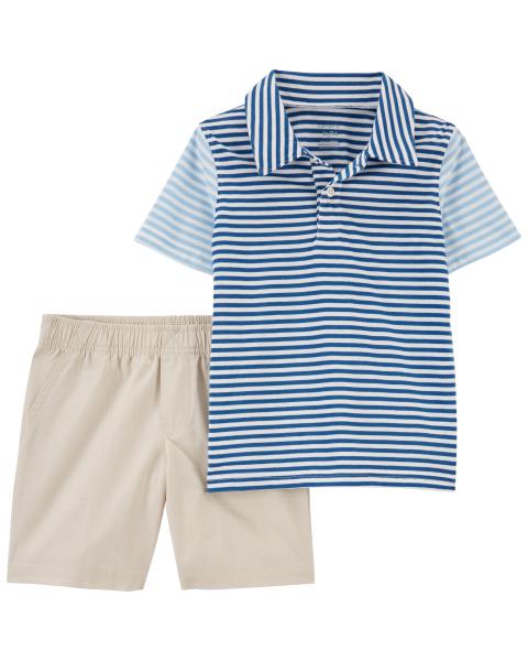 2-Piece Striped Jersey Polo & Canvas Short Set